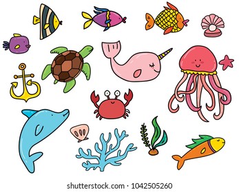 Set of cute color underwater life animals. Fish, jellyfish, dolphin, shell, anchor, turtle, whale, seaweed, coral and other. Isolated on white vector hand drawn doodle color illustration