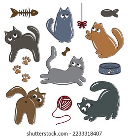 A set of cute colored cat characters with a black outline, doodle style, isolated vector illustration