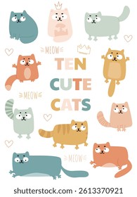 a set with cute colored cats in different poses