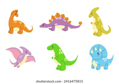 Conjunto de doodle de dinosaurios de color lindo. Ilustración vectorial dibujada a mano en estilo de caricatura aislada en fondo blanco