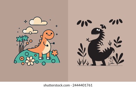 Set of cute colored dinosaurs. T-rex, diplodocus, triceratops, pterodactyls. Vector illustration in cartoon style.