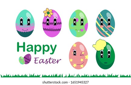 Set of cute colored Easter eggs with big eyes and smiling face. Decorated with bright polka dots, stars, stripes and zigzags. Flat cartoon style vector isolated on white.Collection of holiday elements
