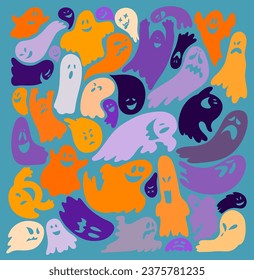 Set of cute colored ghosts. Flat halloween ghosts element template. Collection of cute funny happy ghosts. Childish spooky boo characters for kids. Vector halloween cartoon illustration.