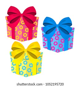 A set of cute colored gift boxes with ribbon bow isolated on white background. Vector cartoon close-up illustration.