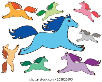 set of cute colored horse isolated on white background. vector illustration. 