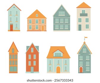 Set of cute colored houses on a white background