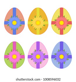Set of cute colored isolated Easter eggs tied with ribbon with flower against white background. Attractive colors. Simple flat vector illustration. Suitable for decoration of postcards, advertising