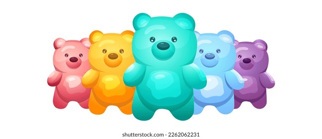 Set of Cute colored jelly bears on a white background. Bright animals in rainbow colors for design, greeting card. Vector cartoon illustration
