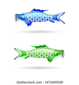 Set of Cute Colored Koinobori - Traditional Japanese Carp Streamers. Celebrating Children's Day in Japan. Fish Kites. Vector Illustration Isolated on White Background