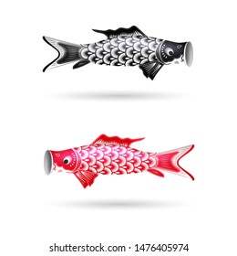 Set of Cute Colored Koinobori - Traditional Japanese Carp Streamers. Celebrating Children's Day in Japan. Fish Kites. Vector Illustration Isolated on White Background