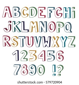 Set of cute colored letters and numbers with 3d effect isolated on white background. Vector illustration.