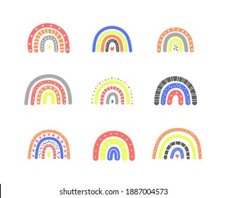 Set of cute colored pastel primitive Scandinavian rainbows for nursery posters, room decor, baby shower, birthday invitations, children's clothing isolated on white background.