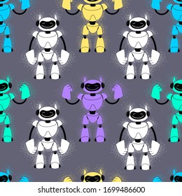 Conjunto de robots de colores bonitos. Patrón transparente con bots para impresión.