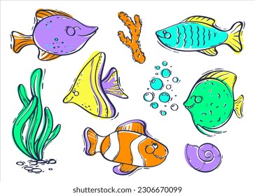 Set of cute colored sea creatures. Colorful fish, algae, corals and shells. Children's nautical print for any design. Vector illustration in doodle style.