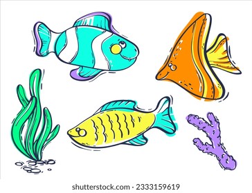 Set of cute colored sea creatures. Colorful fish, algae and bubbles. Children's nautical print for any design. Vector illustration in doodle style.