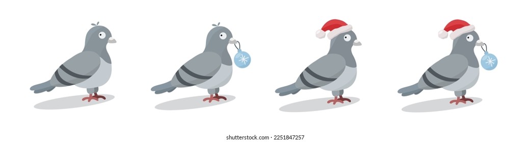 Set of cute colored vector pigeons without outline, with a Christmas ball in its beak, in Santa's hat. New year, Christmas, winter urban theme. 