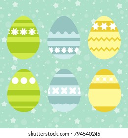 Set of cute colored vintage isolated Easter eggs on a white background. With an interesting striped pattern. Simple flat vector illustration. Suitable for decoration of postcards, advertising