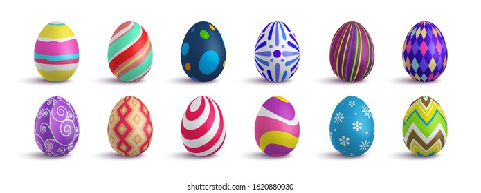Set of cute colorful 3d realistic Easter eggs on isolated background, decorative vector elements collection