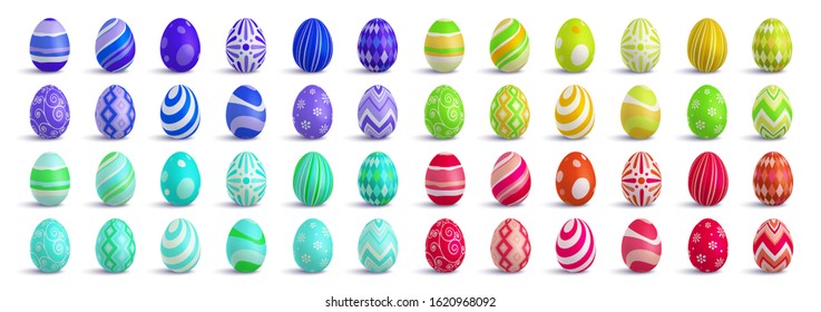 Set of cute colorful 3d realistic Easter eggs on isolated background, decorative vector elements collection