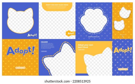 Set of Cute and colorful adoption-themed cards and templates. Orange and blue with paw patterned backgrounds. Cute cat and dog frame templates. Adopt and save a life. Editable Vector Illustration.