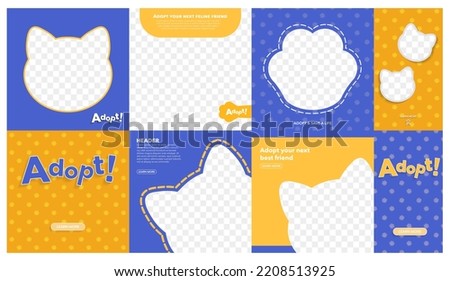 Set of Cute and colorful adoption-themed cards and templates. Orange and blue with paw patterned backgrounds. Cute cat and dog frame templates. Adopt and save a life. Editable Vector Illustration.