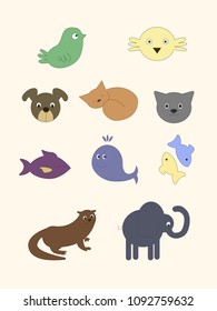 Set of cute colorful animals. Simple vector illustration 