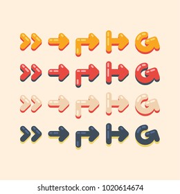 Set of a cute colorful arrows. Flat style sweet elements in a different shape. Vector illustration of bright arrow icons. Arrow sign icon set. Simple circle shape arrows on white background.