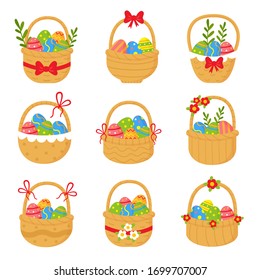 Set of cute colorful baskets full of Easter eggs. Different types of straw baskets.