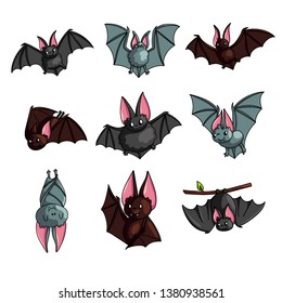 Set of cute colorful bat in different poses or flying mode