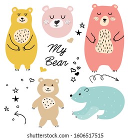 Set of cute, colorful bears. Cartoon sketch animals illustration. Doodle. Baby design. Scandinavian style drawing for print t-shirts, textiles, patch, baby products, pillow, gift. Vector.