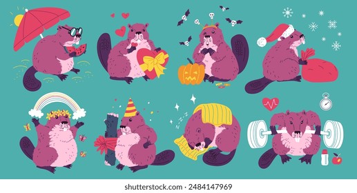 Set of cute colorful beavers in different situations and poses on turquoise background. Cute beavers eat, sleep, rejoice and give gifts. Wonderful collection for postcards Cartoon vector illustration