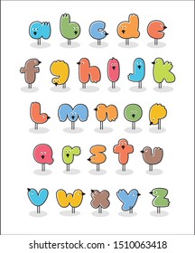 Set of cute colorful birds in the shape of letters. Cartoon bird alphabet for creative type, children's posters, design elements.