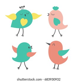 Set of cute colorful birds. Vector collection of baby birds for children design 