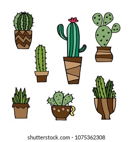 Set of cute and colorful blooming cactus desert plant in different shape of pots. Vector isolated.
