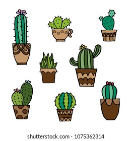 Set of cute and colorful blooming cactus desert plant in different shape of pots. Vector isolated.