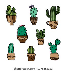 Set of cute and colorful blooming cactus desert plant in different shape of pots. Vector isolated.