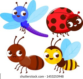 Set of cute colorful bugs. A dragonfly, a ladybug, an ant and a bee. Vector illustration