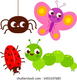 Set of cute colorful bugs. A spider, a butterfly, a beetle and a caterpillar. Vector illustration