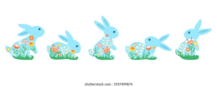 A set of cute colorful bunnies decorated with flowers. Decorative vector illustrations of a happy Easter icon