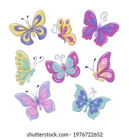 Set cute colorful butterflies in cartoon style. Illustrations for children. EPS10 vector graphics.