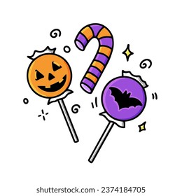 Set of cute colorful candies. Collection of caramel, jelly sweets, sugar bonbons, lollipops on sticks. Sweet food Halloween.  Trick or treat. Vector illustration isolated on white background.