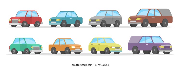 Set of cute colorful cars. Automobile collection. Isolated flat vector illustration