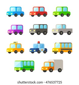 Set of cute colorful cartoon cars. Isolated flat vector illustration collection.