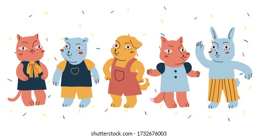 Set of cute colorful cartoon flat vector hand drawn animal characters: cat, dog,fox,bear,rabbit