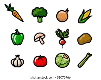 A set of cute and colorful cartoon vegetable icons.