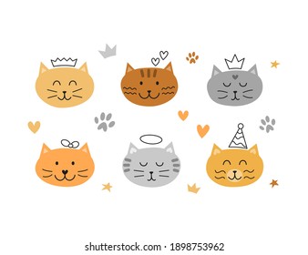 Set of cute colorful cat faces with outline doodles and hearts, paws around in Scandinavian style isolted on white background. Great for baby shower, birthday invitations, nursery posters, room decor.