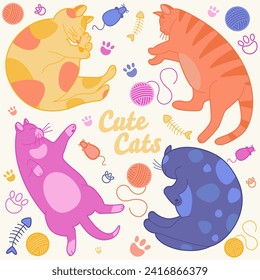 Set of cute colorful cats with decorative elements. 
Hand-drawn vector illustration. Flat style