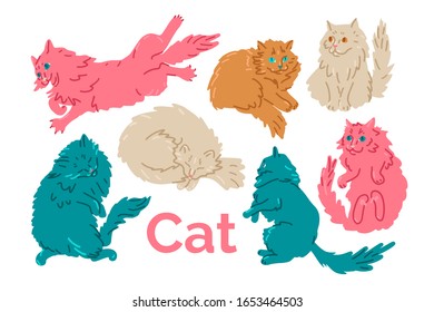 Set of cute colorful cats in different action poses. Cute flat animal characters. Creative childish illustration. Isolated on white background. Vector cartoon drawing.