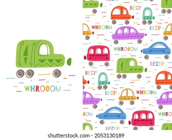 Set of cute colorful childish card and pattern with hand drawn cars with tribal pattern and lettering. Vector poster and texture with multicolored machines. Cartoon vehicles with words