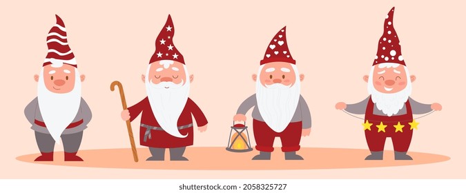 Set of cute colorful christmas gnomes on pink background. Scandinavian nordic gnome. Concept of cute christmas santa gnome elf templates for creative use. Flat cartoon vector illustration